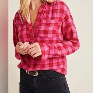 Anthropologie Isadora Button-Back Plaid Gingham Blouse Pink/Red Viscose Size M